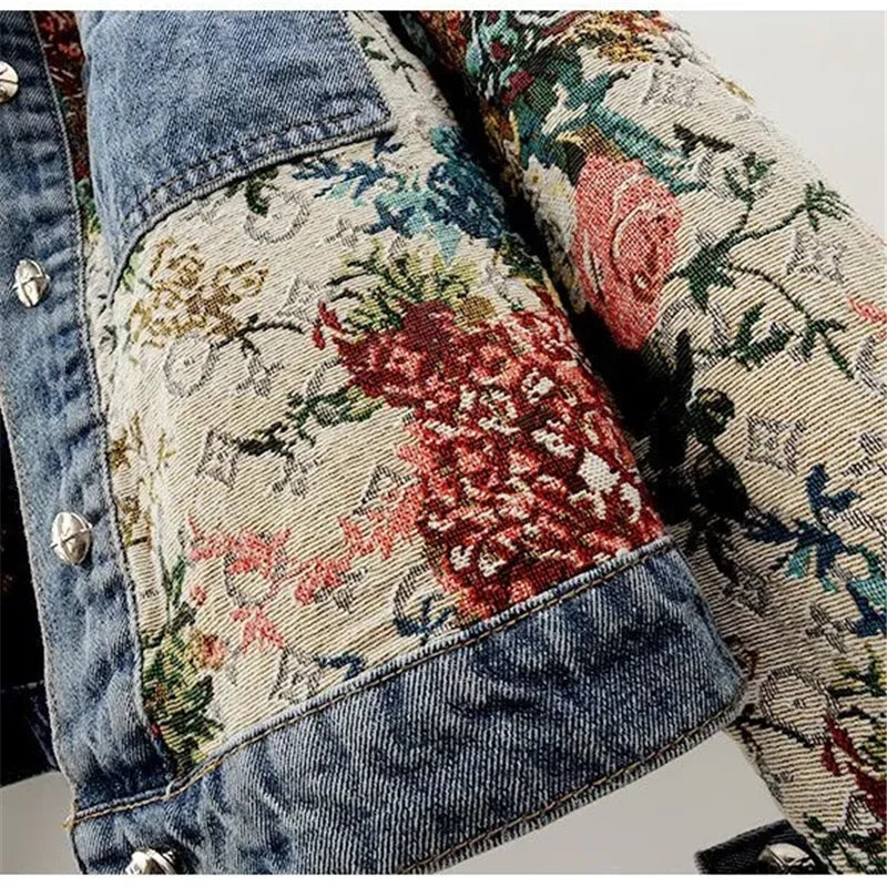 Autumn New Printing Short Denim Jacket Women Fashion Loose Leisure Coat Patchwork Button Vintage Outerwear