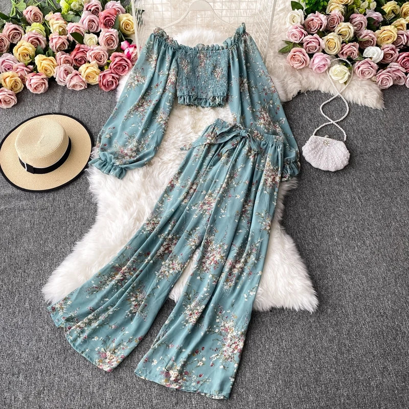 Boho Two Piece Set Women Print Off Shoulder Crop Top And High Waist Wide Leg Woman Pants Fashion Lounge Wear