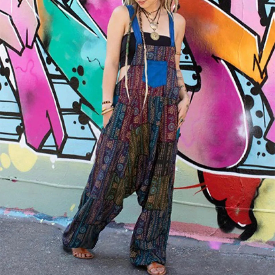 2024 Women's New Hip Hop Jumpsuit Hot Style Hippie Stitching Ethnic Print Sleeveless Loose Harem Pocket Overalls