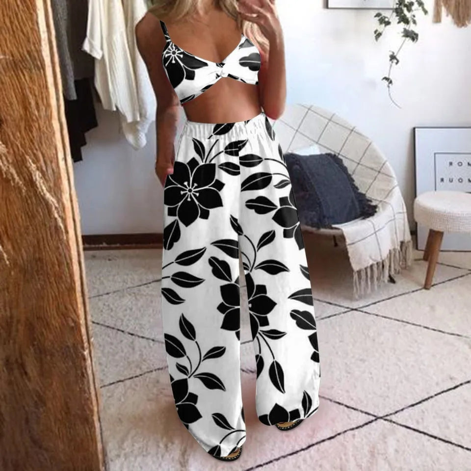 New Spot Cross border European and American Women's Dress Printing Sexy Bra Loose Wide Leg Pants Two Piece Se