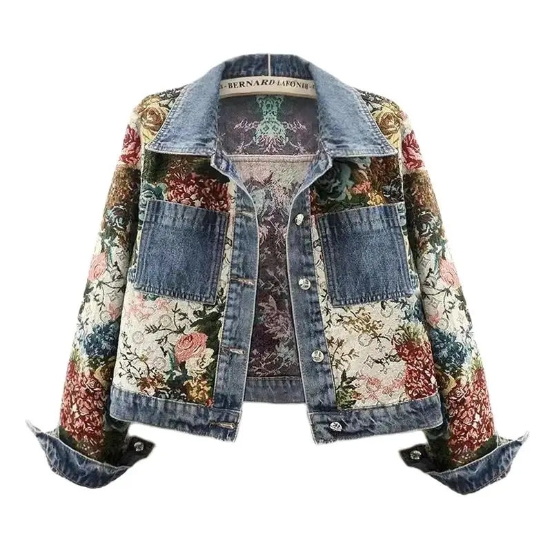 Autumn New Printing Short Denim Jacket Women Fashion Loose Leisure Coat Patchwork Button Vintage Outerwear