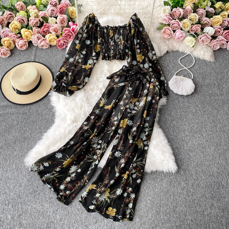 Boho Two Piece Set Women Print Off Shoulder Crop Top And High Waist Wide Leg Woman Pants Fashion Lounge Wear