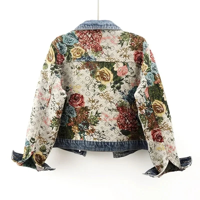 Autumn New Printing Short Denim Jacket Women Fashion Loose Leisure Coat Patchwork Button Vintage Outerwear