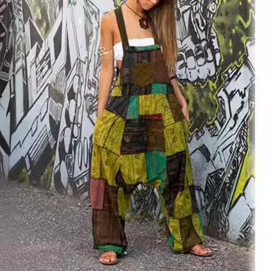 2024 Women's New Hip Hop Jumpsuit Hot Style Hippie Stitching Ethnic Print Sleeveless Loose Harem Pocket Overalls