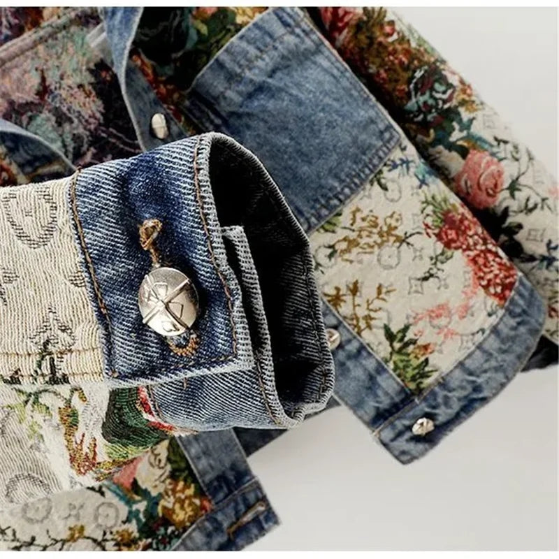 Autumn New Printing Short Denim Jacket Women Fashion Loose Leisure Coat Patchwork Button Vintage Outerwear