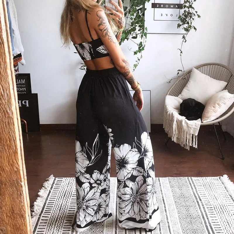 New Spot Cross border European and American Women's Dress Printing Sexy Bra Loose Wide Leg Pants Two Piece Se