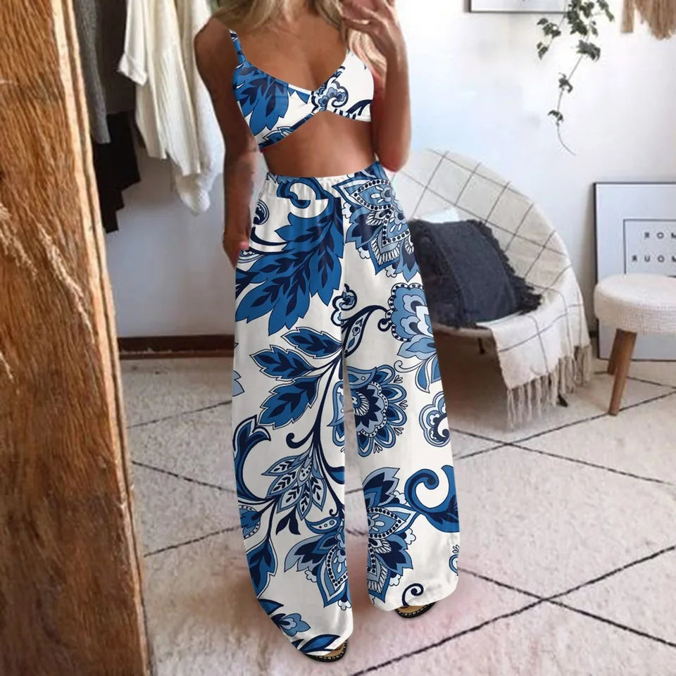 New Spot Cross border European and American Women's Dress Printing Sexy Bra Loose Wide Leg Pants Two Piece Se