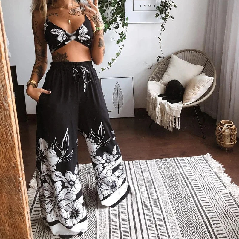 New Spot Cross border European and American Women's Dress Printing Sexy Bra Loose Wide Leg Pants Two Piece Se