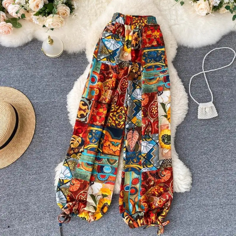 Bohemian Retro National Style Printed Wide Leg Pants Women Autumn High Waist Versatile Holiday Lantern Long Pants Trousers