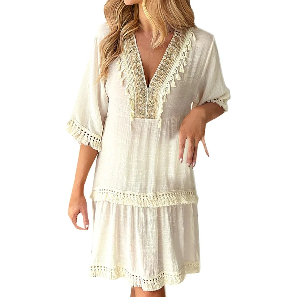 Luxury Women'S Elegant Dress Women'S Embroidered V Neck Casual Dress Bohemian Holiday Dress Loose Cotton And Linen Dress