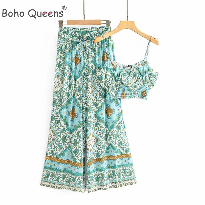 Boho Queens Women Two Piece Outfits Off Shoulder Sleeveless Tops Bohemian Sashes Drawstring Pants 2 Pieces Sets