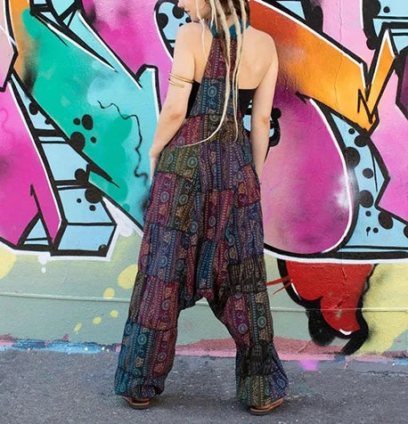 2024 Women's New Hip Hop Jumpsuit Hot Style Hippie Stitching Ethnic Print Sleeveless Loose Harem Pocket Overalls