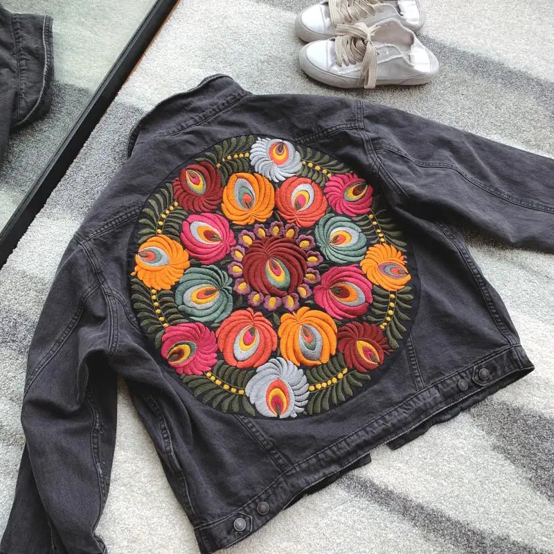 Oversized Embroidered Denim Jacket Black Casual Chic Winter Jacket Women Bohemian Warm Jacket Coat 2021 New