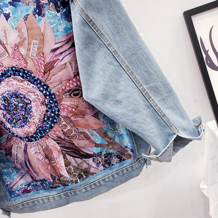 Printing Floral Appliques Rhinestone Womens Denim Jackets Feminine Spring Autumn Boho Sequin Coats Long Sleeve Outerwear Female