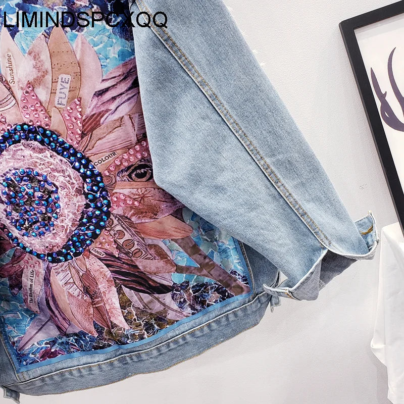 Printing Floral Appliques Rhinestone Womens Denim Jackets Feminine Spring Autumn Boho Sequin Coats Long Sleeve Outerwear Female