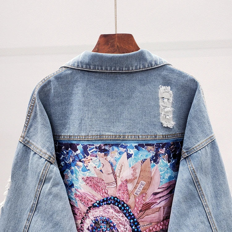 Printing Floral Appliques Rhinestone Womens Denim Jackets Feminine Spring Autumn Boho Sequin Coats Long Sleeve Outerwear Female