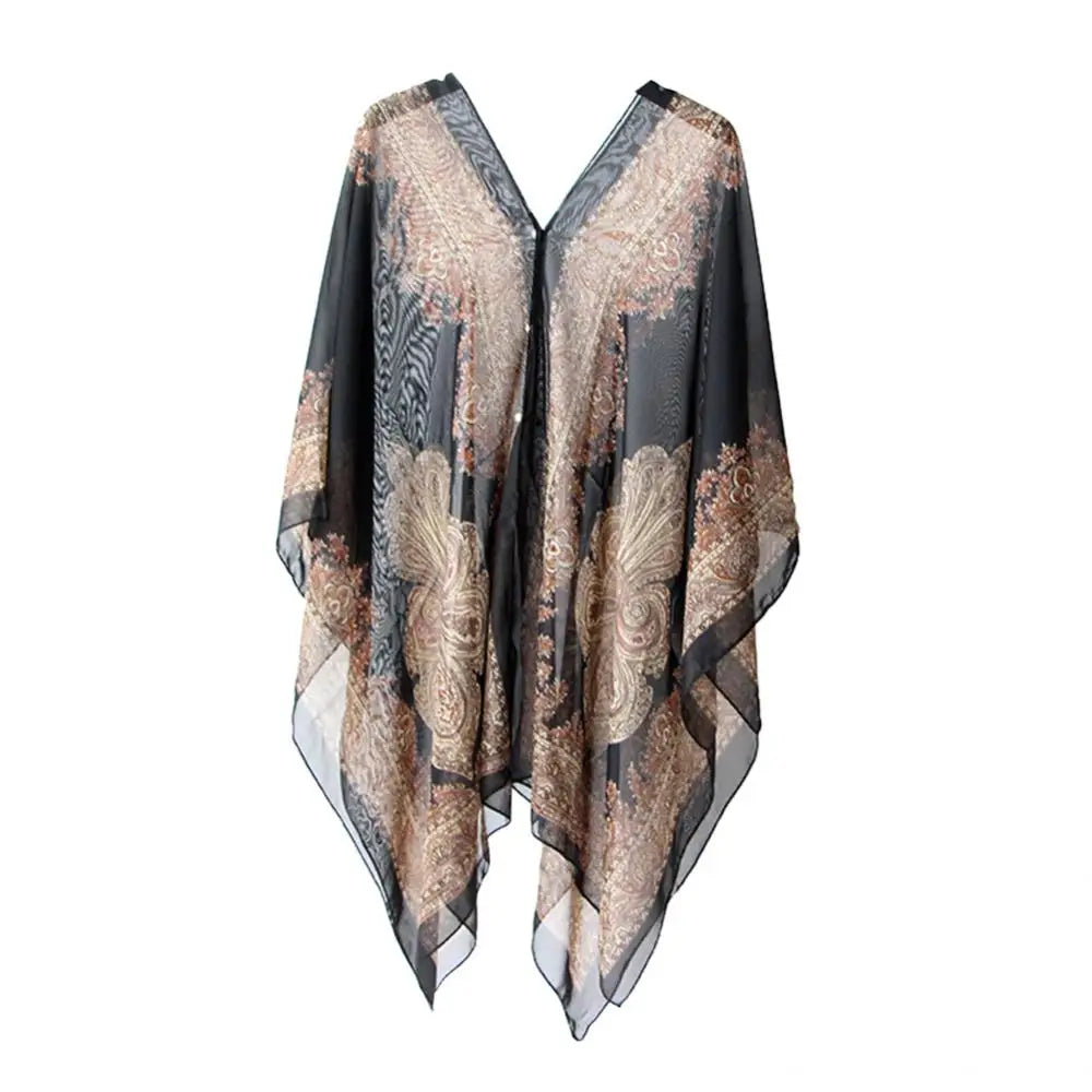 Women Summer Beach Bikini Cover Up Loose Chiffon Blouse Shawl Scarf with Buttons Fashion Ponchos Jackets Ladies Clothing