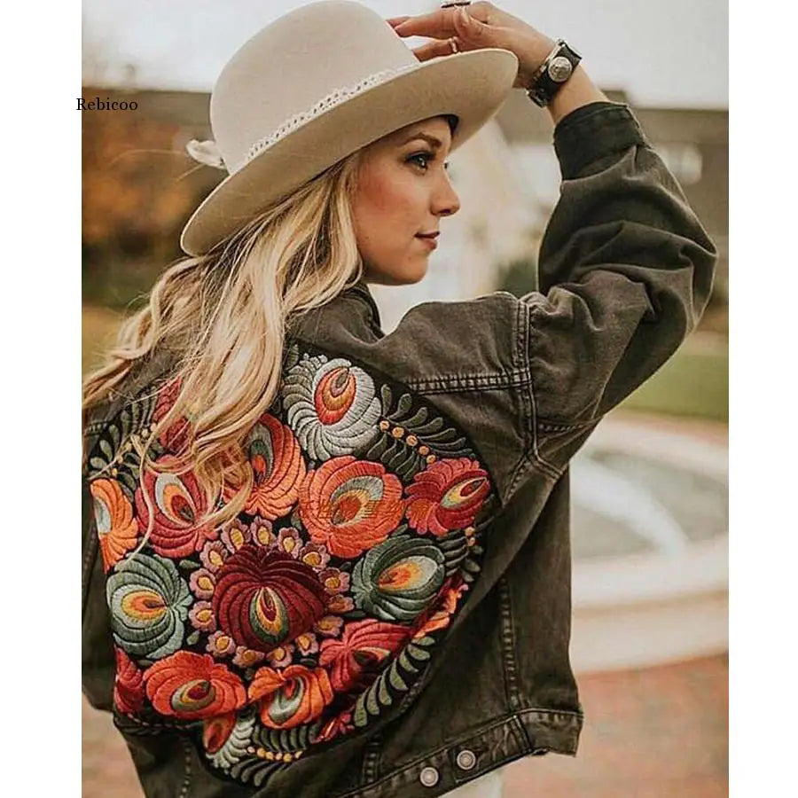 Oversized Embroidered Denim Jacket Black Casual Chic Winter Jacket Women Bohemian Warm Jacket Coat 2021 New