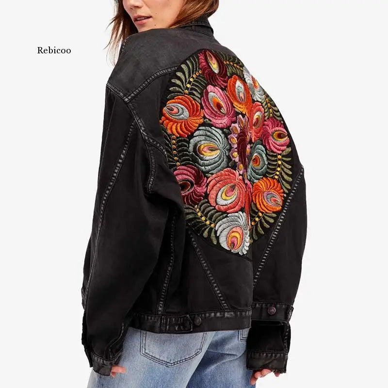 Oversized Embroidered Denim Jacket Black Casual Chic Winter Jacket Women Bohemian Warm Jacket Coat 2021 New