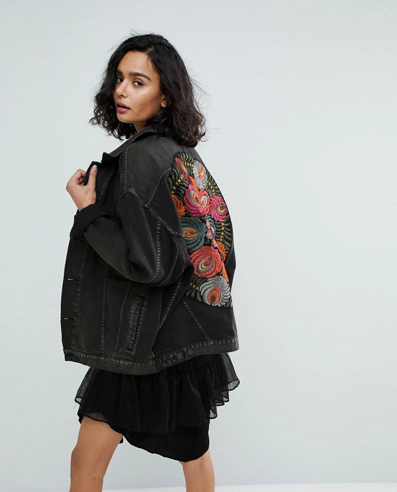 Oversized Embroidered Denim Jacket Black Casual Chic Winter Jacket Women Bohemian Warm Jacket Coat 2021 New