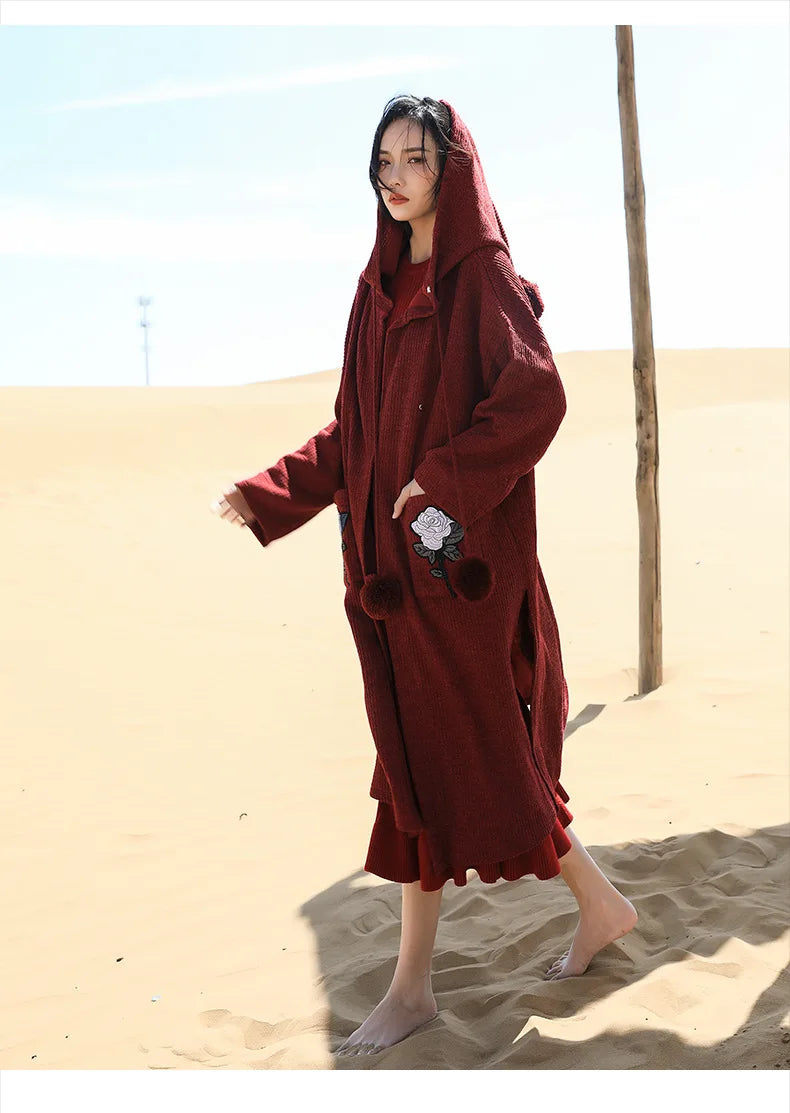 TEELYNN hooded jacket for women Pockets Floral Embroidery long sleeve Open Stitch Hooded Coat sexy Side slit loose Female Coat