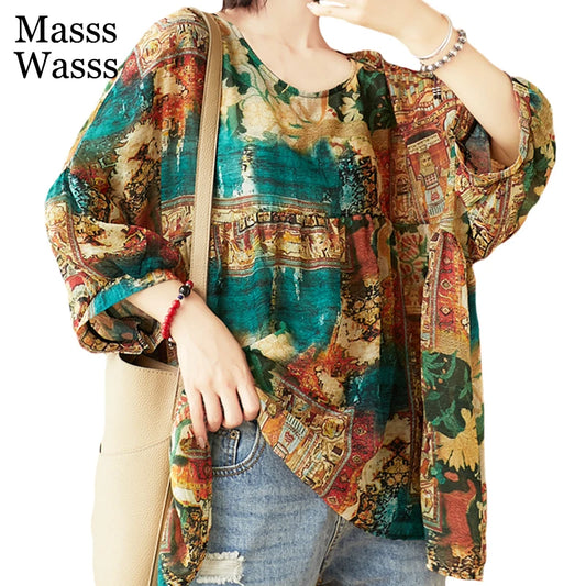 Masss Wasss Bohemian Style Summer Design 2021 Ladies Printed Vintage Blouses Women Lantern Sleeve Shirts Girl Casual Loose Tops