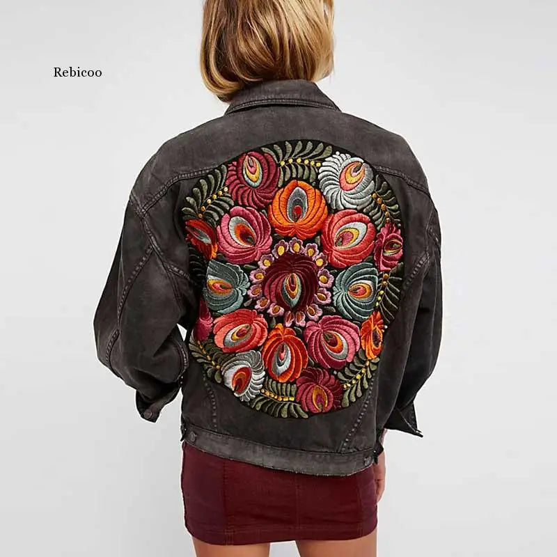 Oversized Embroidered Denim Jacket Black Casual Chic Winter Jacket Women Bohemian Warm Jacket Coat 2021 New