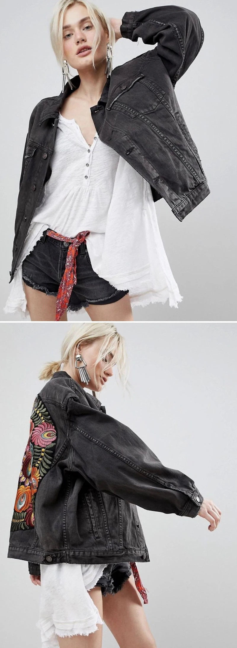 Oversized Embroidered Denim Jacket Black Casual Chic Winter Jacket Women Bohemian Warm Jacket Coat 2021 New