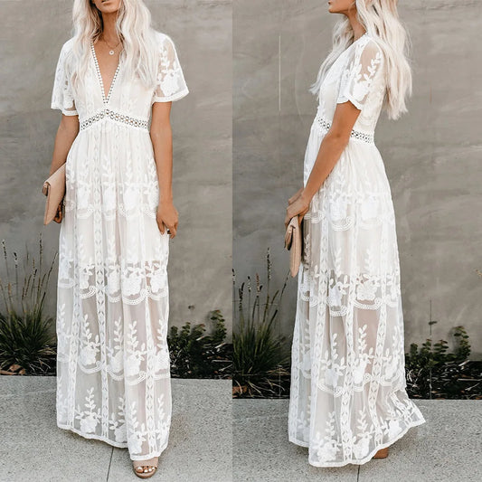 Women's Boho Maxi Dress, Loose Embroidery, White Lace, Long Tunic, Beach Dress, Vacation Clothing, Holiday, Summer, female lady