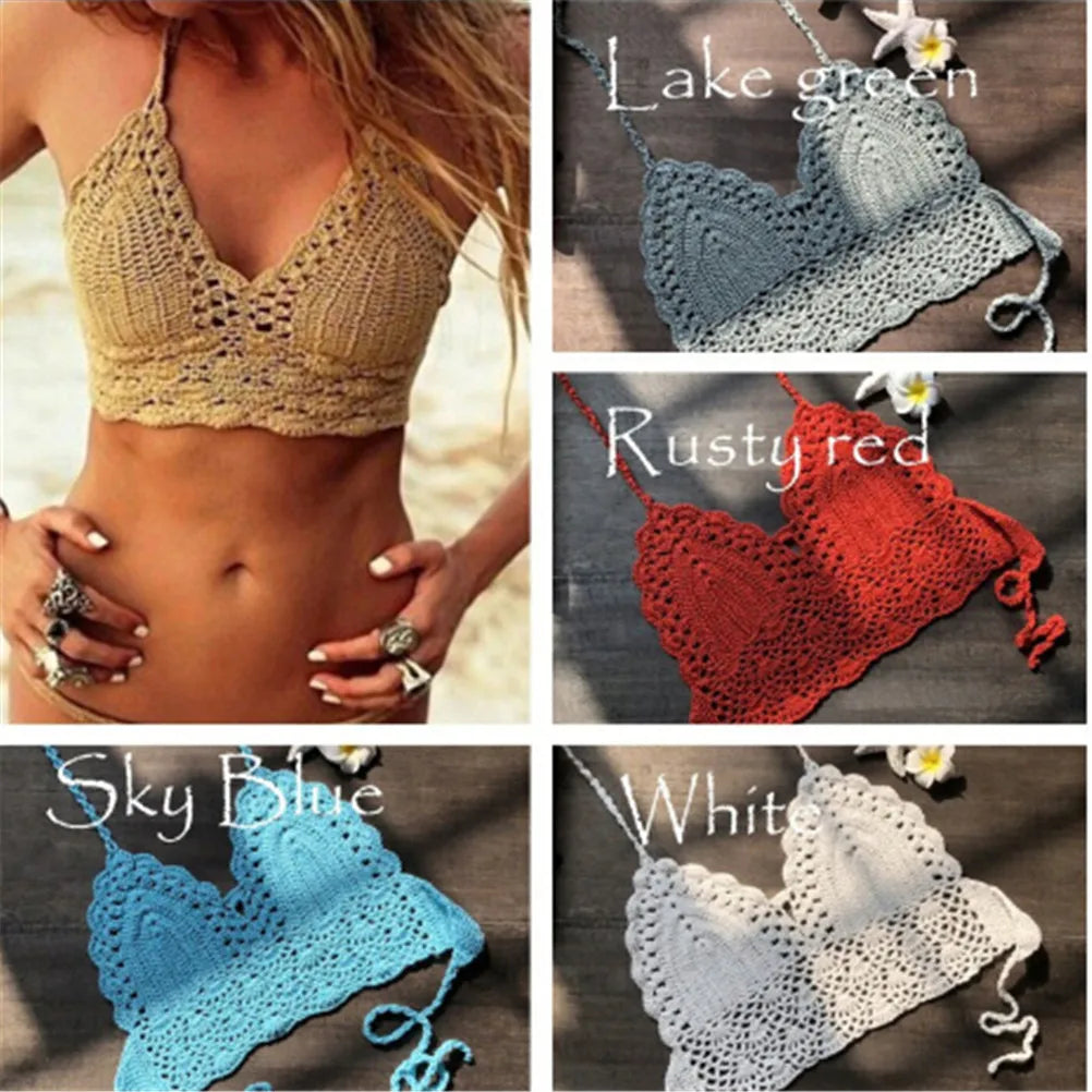 Crop Top Sexy Women Summer Backless  het Top Knit Beach Knitting Halter Cami Tank Crop Top