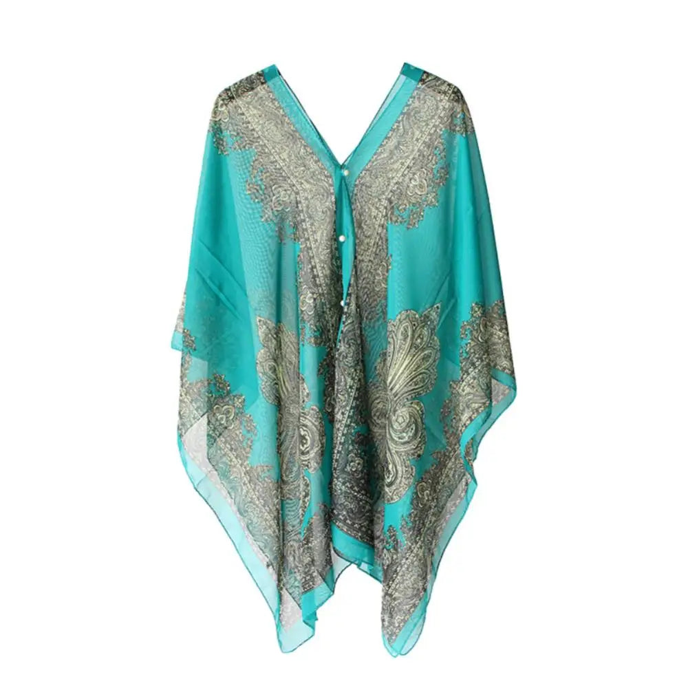 Women Summer Beach Bikini Cover Up Loose Chiffon Blouse Shawl Scarf with Buttons Fashion Ponchos Jackets Ladies Clothing