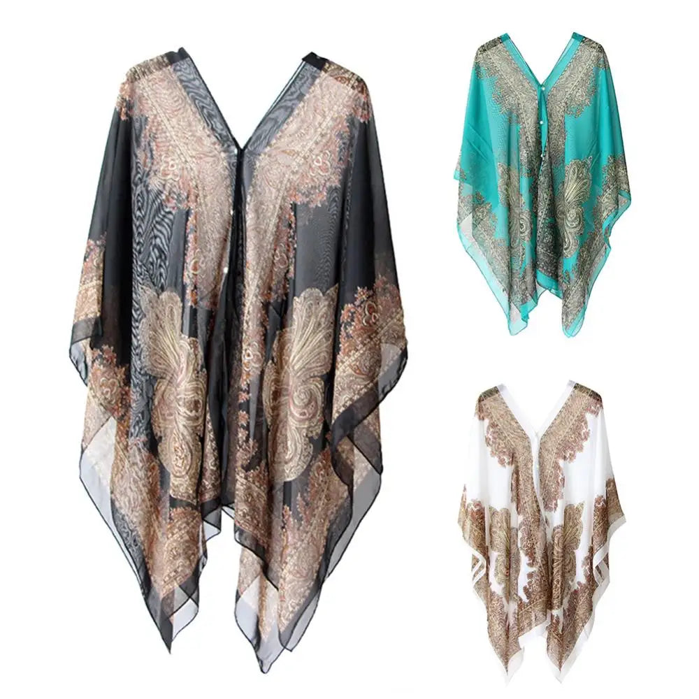 Women Summer Beach Bikini Cover Up Loose Chiffon Blouse Shawl Scarf with Buttons Fashion Ponchos Jackets Ladies Clothing