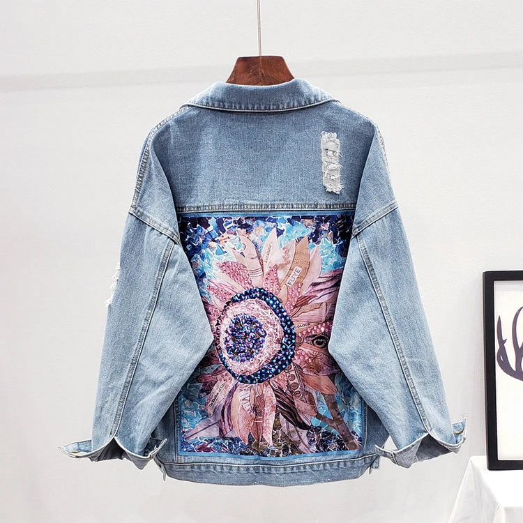 Printing Floral Appliques Rhinestone Womens Denim Jackets Feminine Spring Autumn Boho Sequin Coats Long Sleeve Outerwear Female