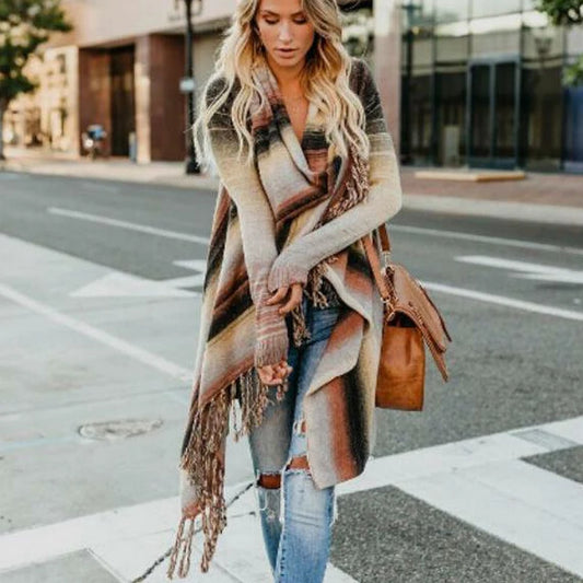 TEELYNN Long Sleeve Sweaters Cardigan Women Coats Vintage Irregular Fringe stripe Autumn Winter Jacket Boho knitted Long Jumper