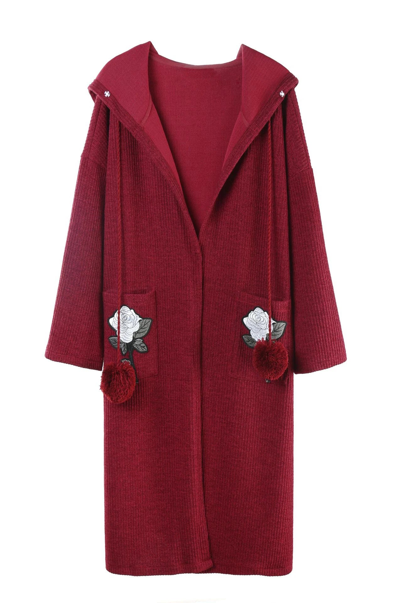 TEELYNN hooded jacket for women Pockets Floral Embroidery long sleeve Open Stitch Hooded Coat sexy Side slit loose Female Coat