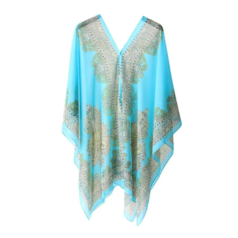 Women Summer Beach Bikini Cover Up Loose Chiffon Blouse Shawl Scarf with Buttons Fashion Ponchos Jackets Ladies Clothing