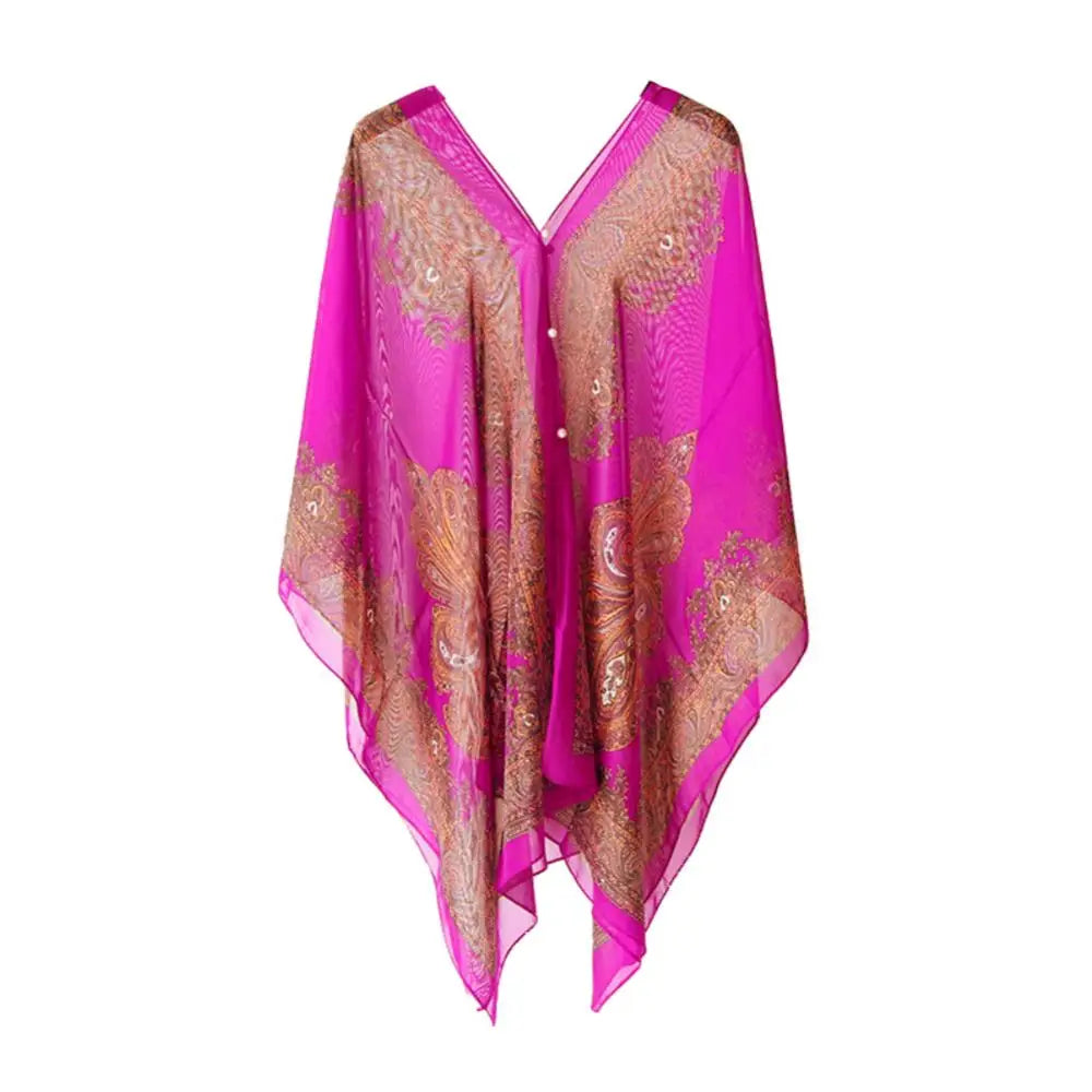 Women Summer Beach Bikini Cover Up Loose Chiffon Blouse Shawl Scarf with Buttons Fashion Ponchos Jackets Ladies Clothing