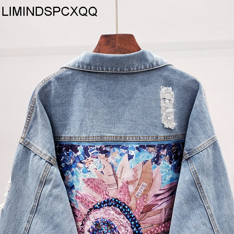 Printing Floral Appliques Rhinestone Womens Denim Jackets Feminine Spring Autumn Boho Sequin Coats Long Sleeve Outerwear Female