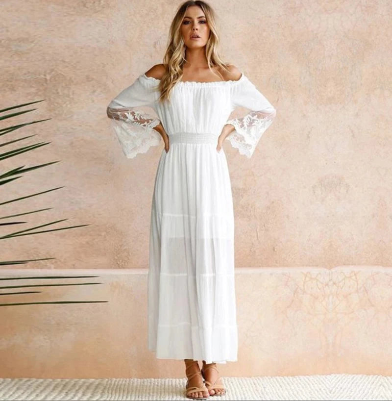 TEELYNN boho dress white sexy off the shoulder beach sundress Flare long sleeve splice lace women dresses summer vestidos