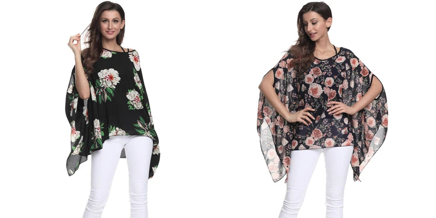 BHflutter Blusas Mujer 2018 Women Tops Floral Printing Casual Loose Chiffon Blouse Shirt Batwing Boho Style Beach Summer Blouses