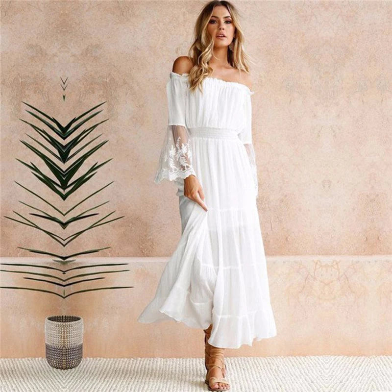 TEELYNN boho dress white sexy off the shoulder beach sundress Flare long sleeve splice lace women dresses summer vestidos