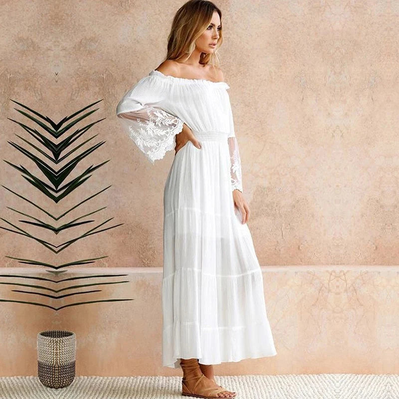 TEELYNN boho dress white sexy off the shoulder beach sundress Flare long sleeve splice lace women dresses summer vestidos