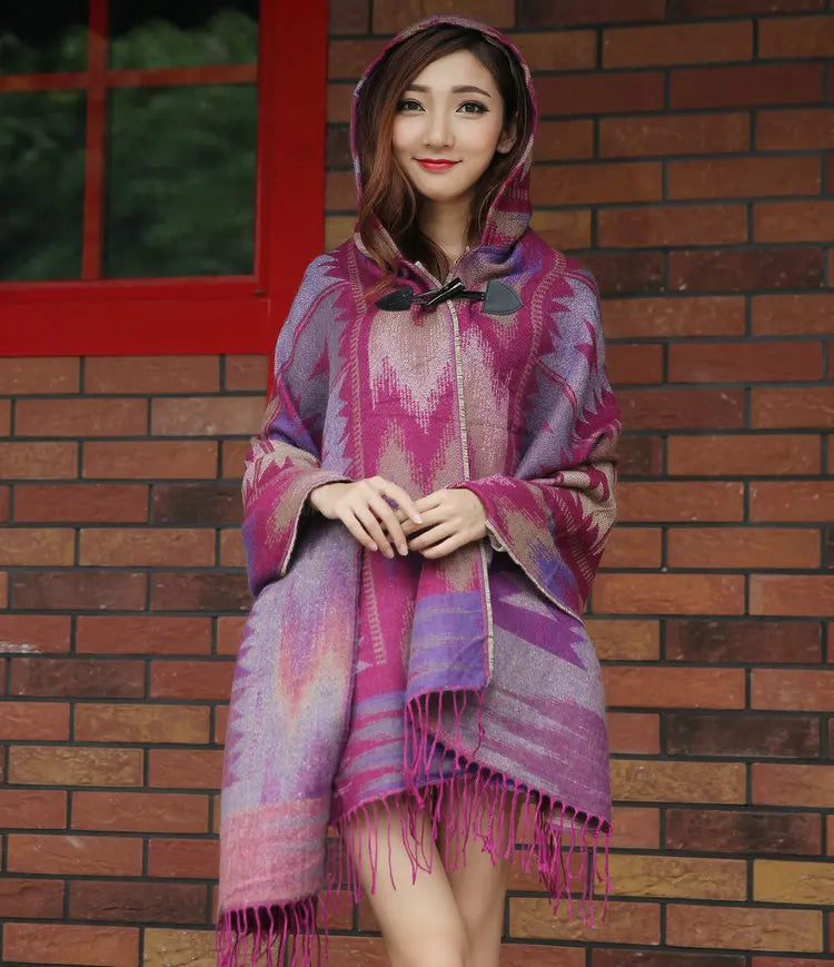 Bohemian Cape Poncho Shawl Scarf Tribal Fringe Hoodies Jacket Ethnic Warm Cardigans For Women 2021 new wool blankets cape shawl