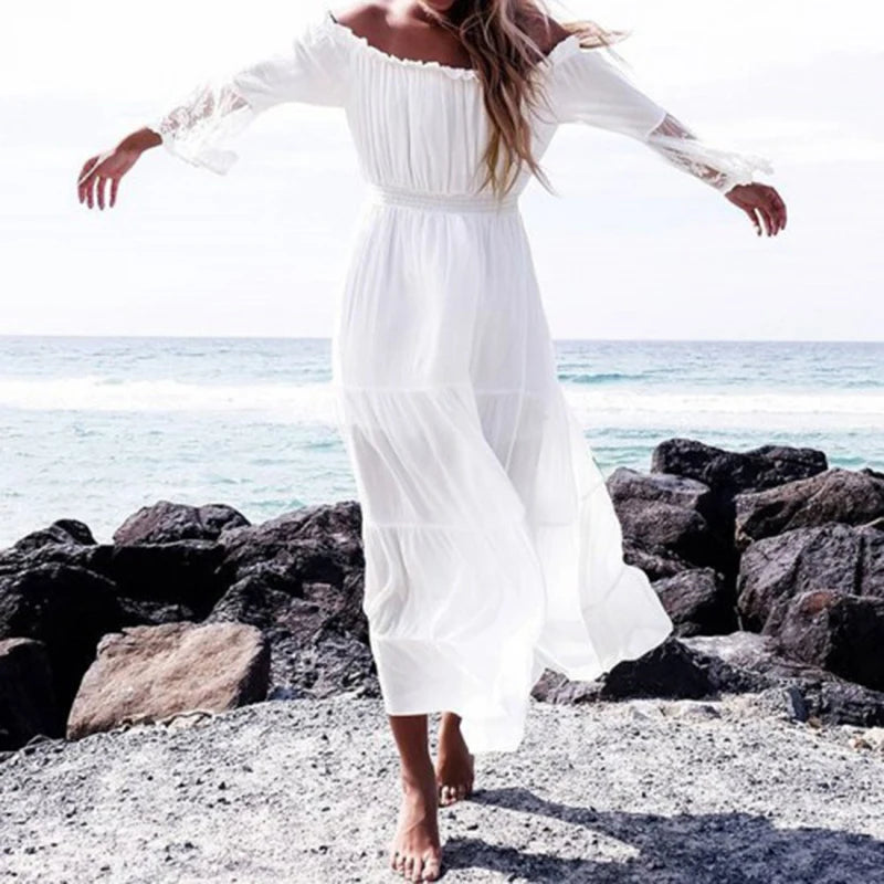 TEELYNN boho dress white sexy off the shoulder beach sundress Flare long sleeve splice lace women dresses summer vestidos