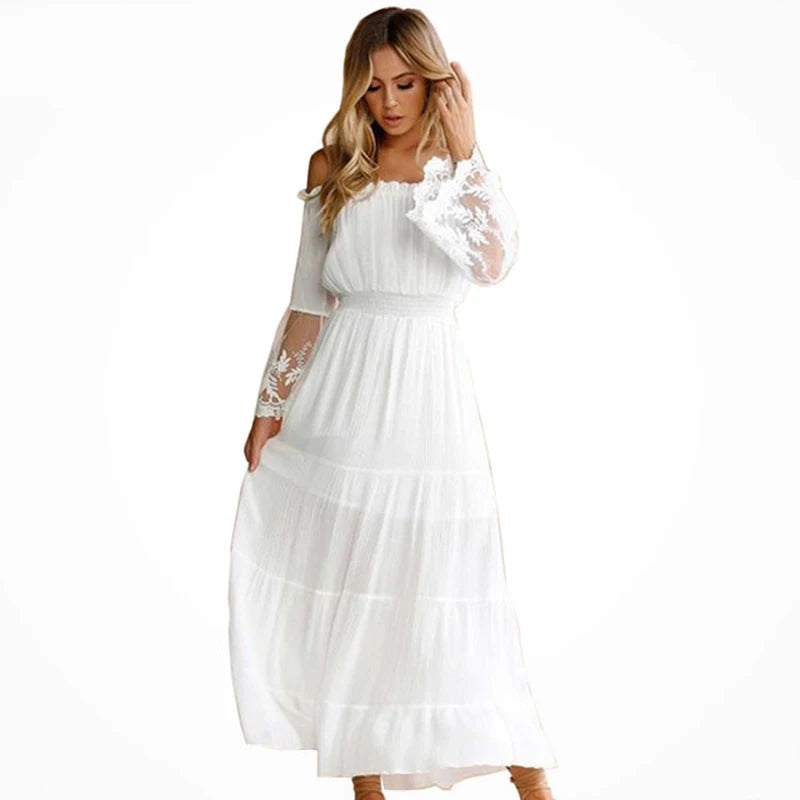 TEELYNN boho dress white sexy off the shoulder beach sundress Flare long sleeve splice lace women dresses summer vestidos