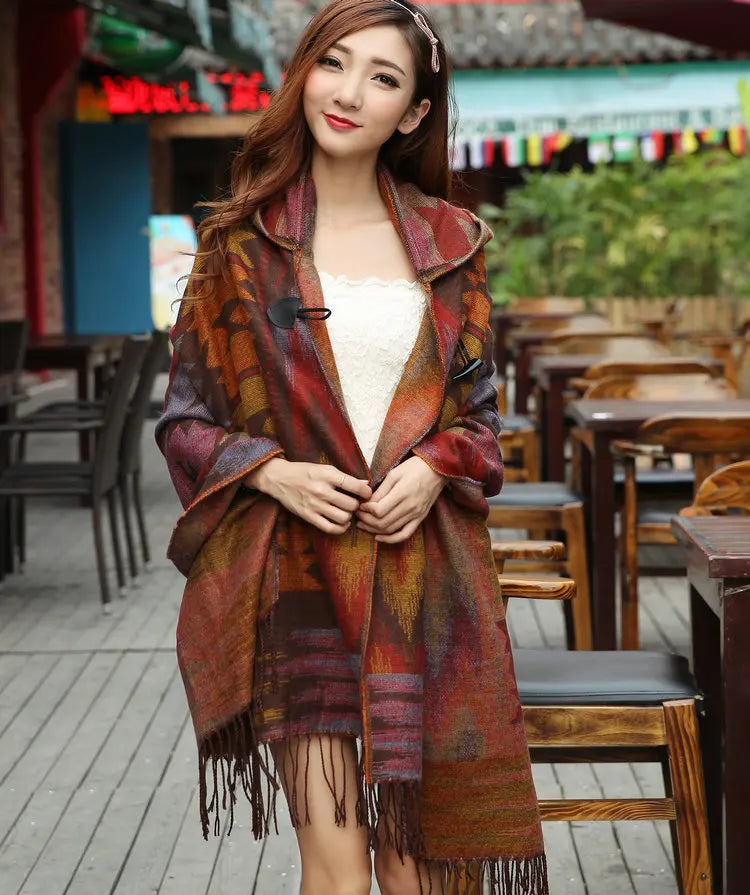 Bohemian Cape Poncho Shawl Scarf Tribal Fringe Hoodies Jacket Ethnic Warm Cardigans For Women 2021 new wool blankets cape shawl