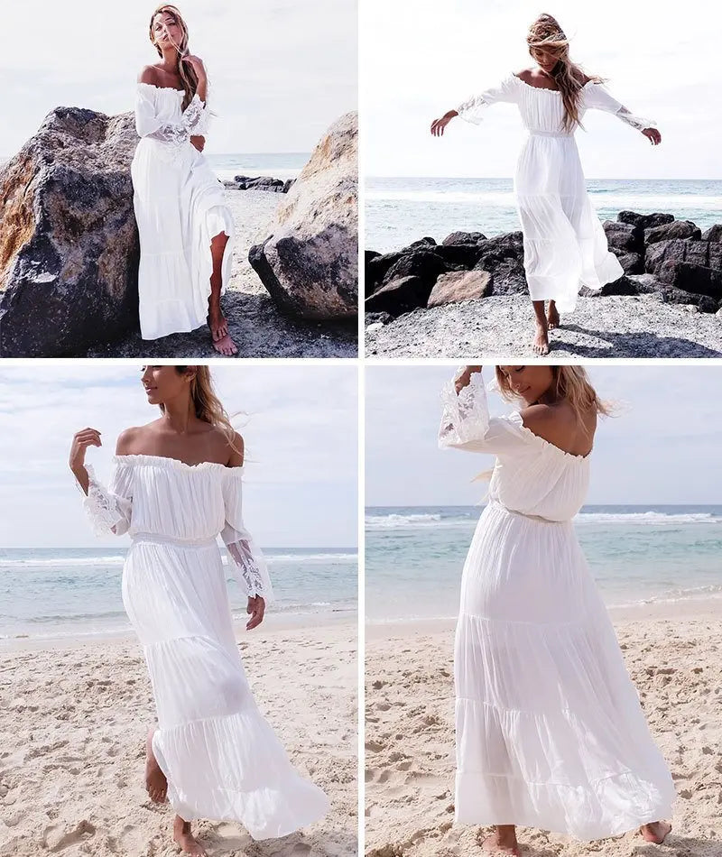 TEELYNN boho dress white sexy off the shoulder beach sundress Flare long sleeve splice lace women dresses summer vestidos