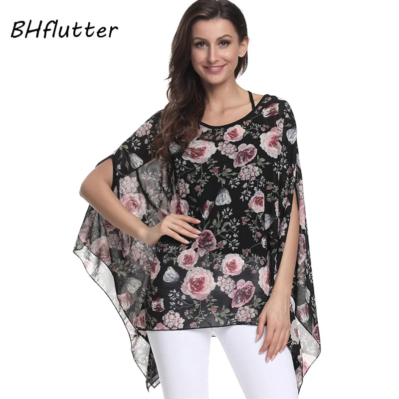 BHflutter Blusas Mujer 2018 Women Tops Floral Printing Casual Loose Chiffon Blouse Shirt Batwing Boho Style Beach Summer Blouses