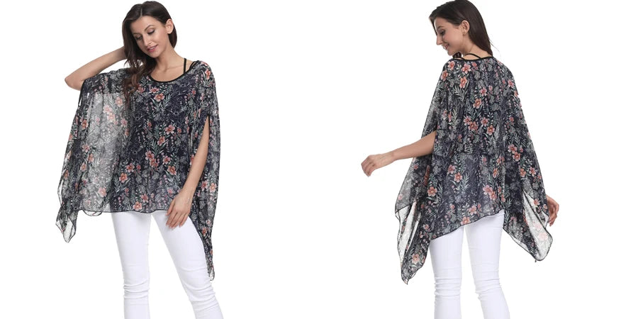 BHflutter Blusas Mujer 2018 Women Tops Floral Printing Casual Loose Chiffon Blouse Shirt Batwing Boho Style Beach Summer Blouses