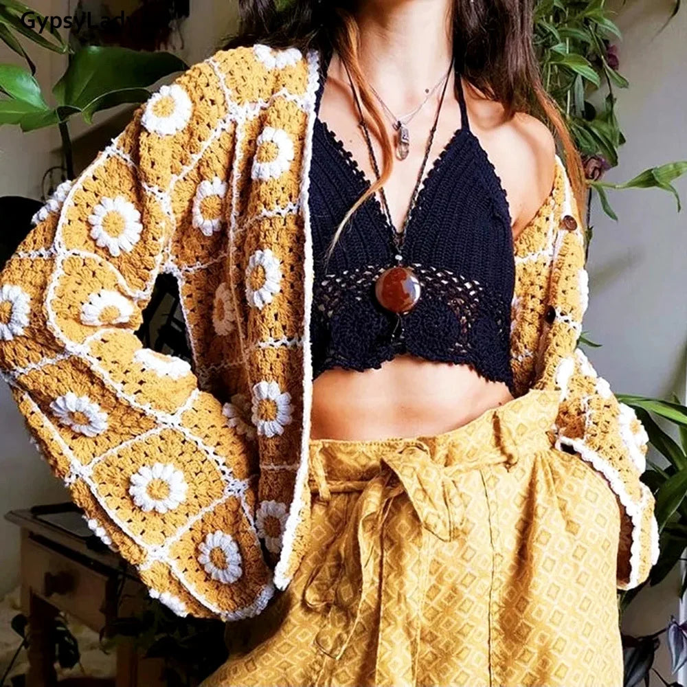 GypsyLady Boho Crochet Jacket Sweater Handmade Floral Knitted Hollow Out Women  Jackets Outwear Hippie Chic Ladies Female Top